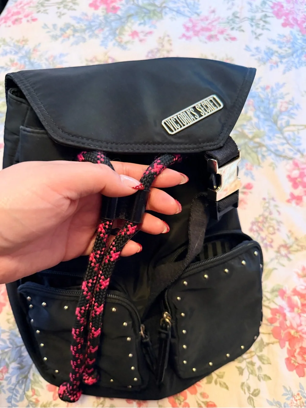 Victoria's Secret Nylon Black Backpack with Pink Accent Cord & Studs